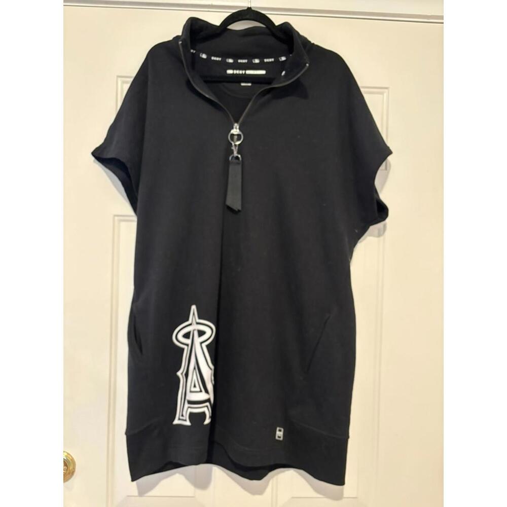 DKNY Black Short-Sleeve Zip Hoodie Dress with Graphic Detail. 2XL